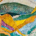 画家斯坦利·利(Stanley Lea)四幅色彩鲜艳的大型方形画作之一的细节
