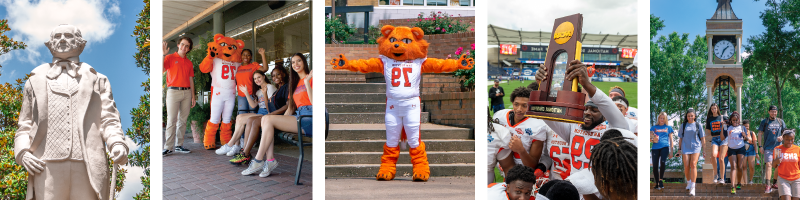 Collage of students on campus, football players holding the national championship trophy, 吉祥物萨米熊凯特, students in downtown Huntsville, and the 山姆 Houston statue on campus.